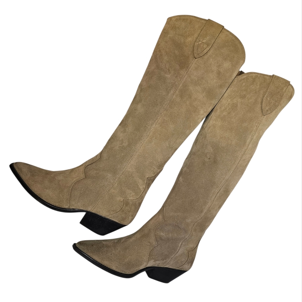 Isabel Marant Denvee Cowboy Boots - Women's Size 39 - Knee High Taupe Suede - Picture 7 of 15